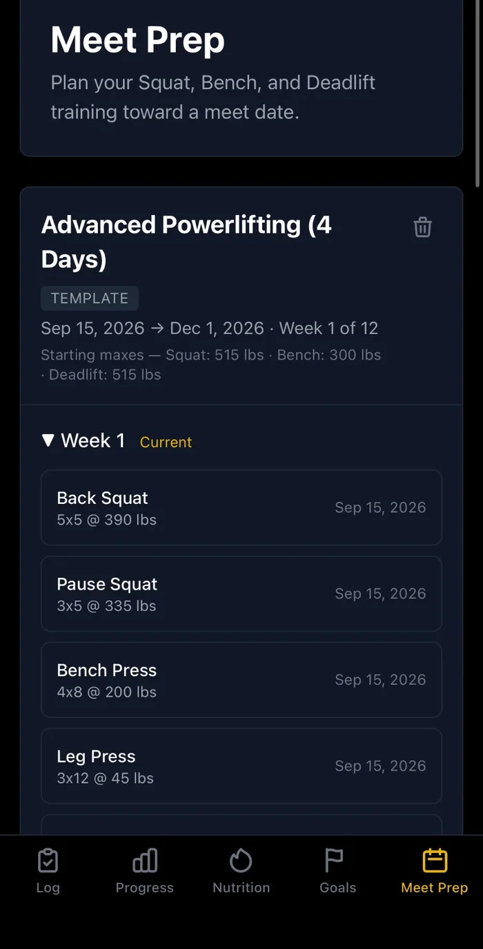 Meet Prep screen showing a 12-week Advanced Powerlifting training plan