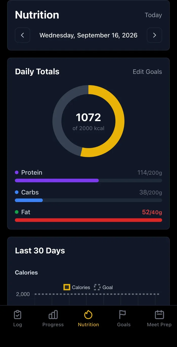Nutrition screen showing a daily calorie and macro breakdown