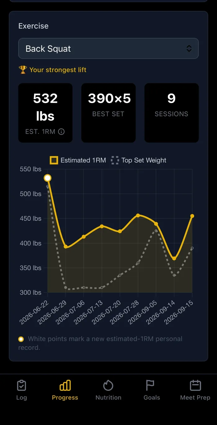 Progress screen showing an estimated 1-rep-max chart with a personal record marker