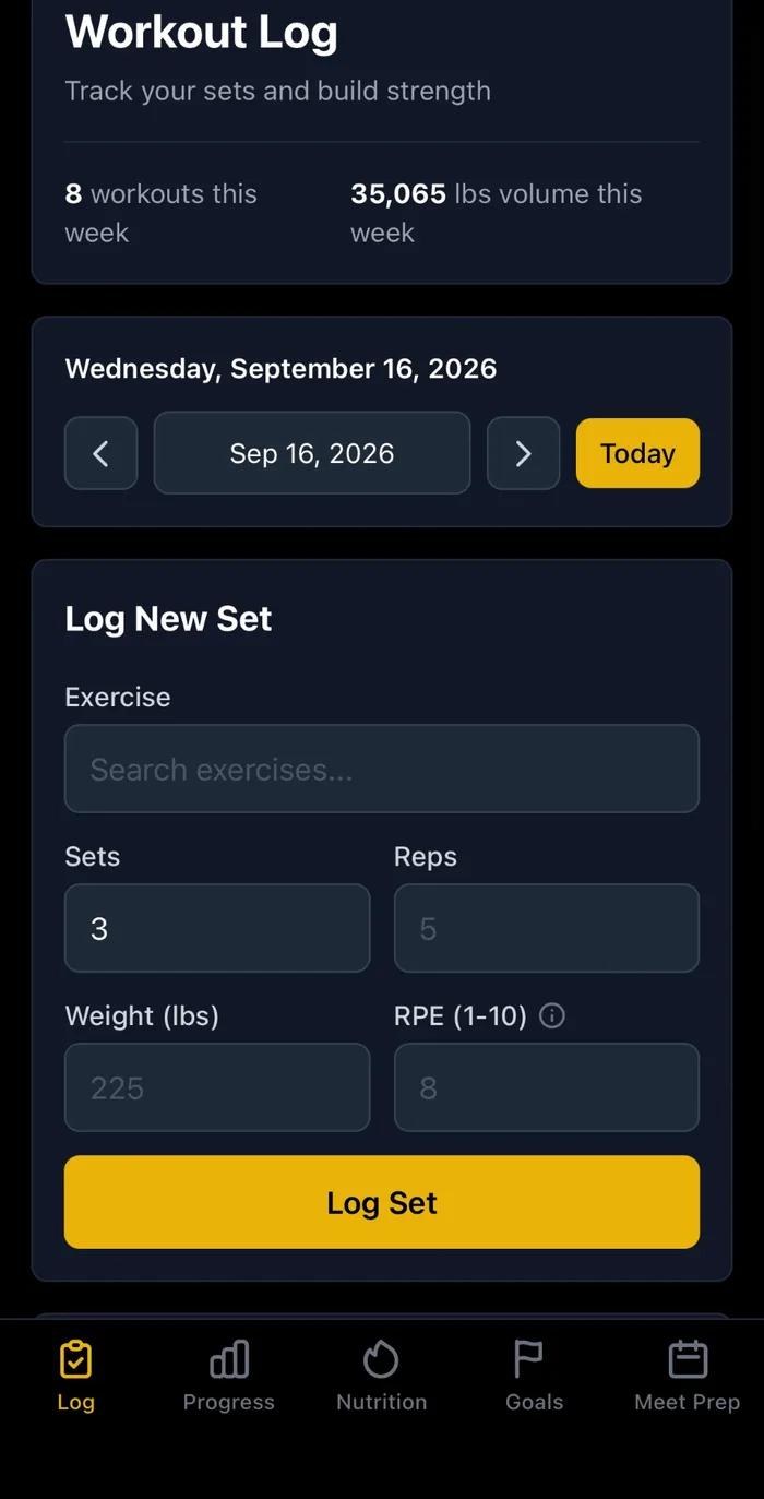 Workout Log screen showing weekly stats and a set-logging form